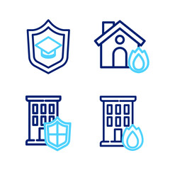 Set line Fire in burning house, House with shield, and Graduation cap icon. Vector