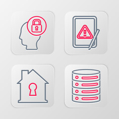Set line Server, Data, Web Hosting, House under protection, Tablet with exclamation mark and Human head lock icon. Vector