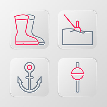 Set line Fishing float, Anchor, water and boots icon. Vector