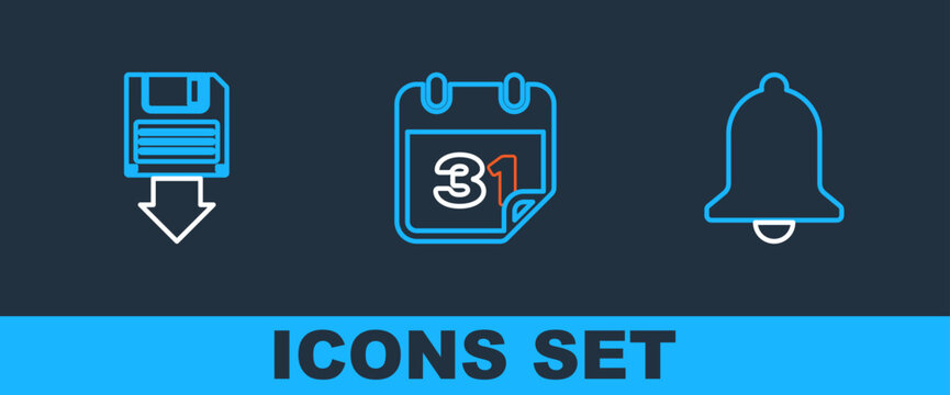 Set line Ringing bell, Floppy disk backup and Calendar icon. Vector