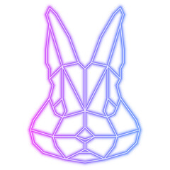 Illustration of geometric symmetrical rabbit bunny face. Neon electric lamp linear style. Pink, purple, blue gradient. Isolated on transparent background. 2023 New Year, Easter symbol icon.