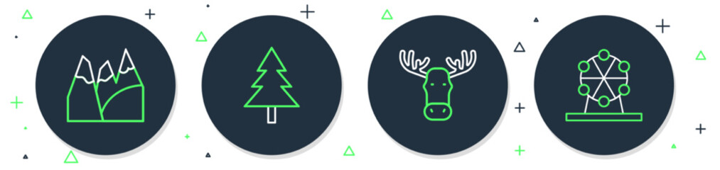 Set line Christmas tree, Moose head with horns, Mountains and Ferris wheel icon. Vector