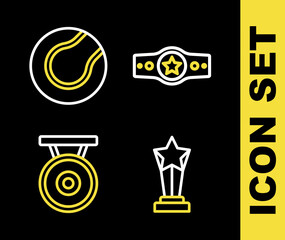 Set line Boxing belt, Award cup, Gong and Tennis ball icon. Vector