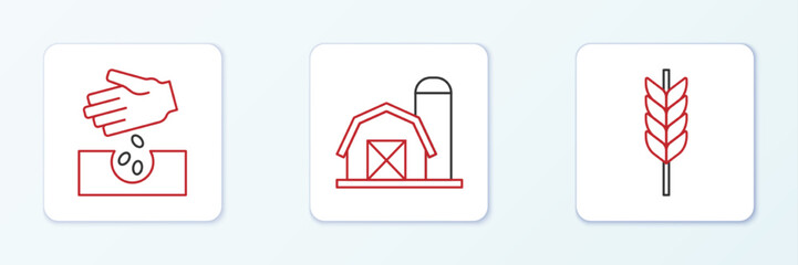 Set line Wheat, Seeds and Farm house icon. Vector