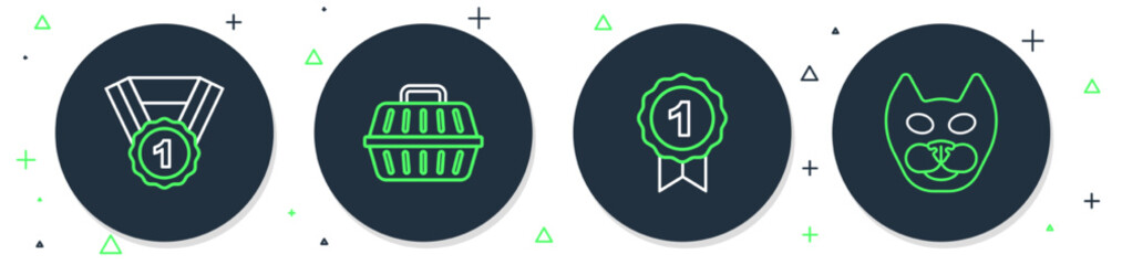 Set line Pet carry case, Dog award symbol, and Cat icon. Vector