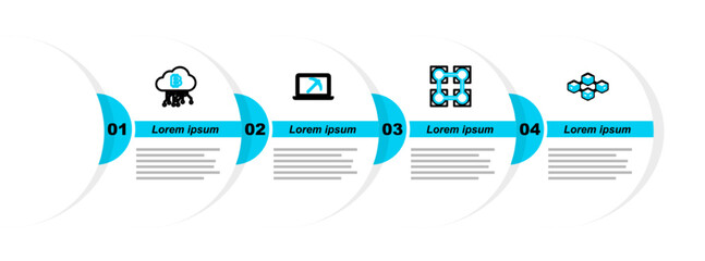 Set line Blockchain technology, Mining with laptop and pickaxe and Cryptocurrency cloud mining icon. Vector