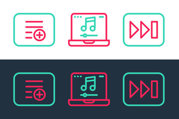 Set line Fast forward, Add to playlist and Laptop with music icon. Vector