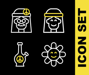 Set line Hippie girl, Flower, Bong and icon. Vector