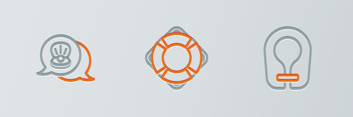 Set line Life jacket, Scallop sea shell and Lifebuoy icon. Vector