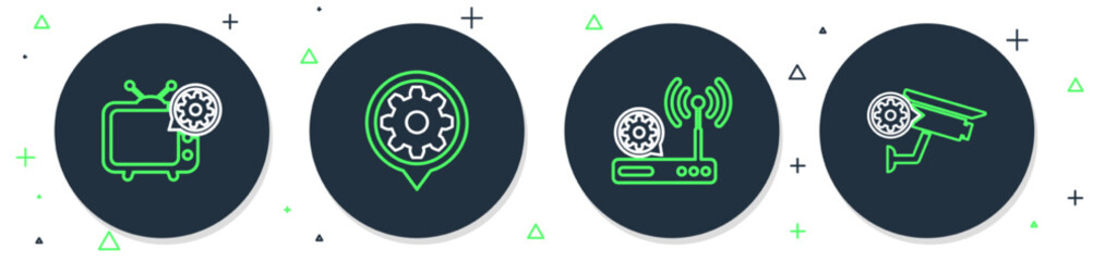 Set line Setting, Router and wi-fi setting, Tv and Security camera icon. Vector