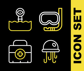 Set line Diving mask and snorkel, Jellyfish, First aid kit and Periscope icon. Vector