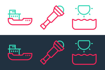 Set line Sun, Cargo ship and Spyglass telescope lens icon. Vector