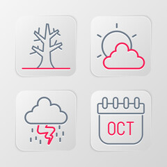 Set line October calendar autumn, Storm, Sun and cloud weather and Bare tree icon. Vector