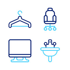 Set line Washbasin, Smart Tv, Office chair and Hanger wardrobe icon. Vector