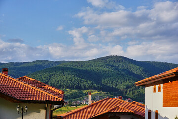 Mountain village behind the roofs