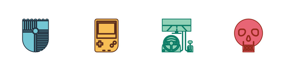 Set Shield for game, Portable video console, Racing simulator cockpit and Skull icon. Vector