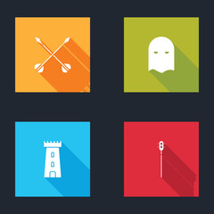 Set Medieval crossed arrows, Executioner mask, Castle tower and chained mace ball icon. Vector
