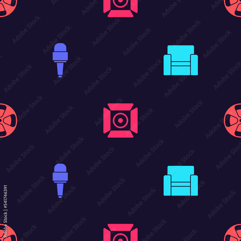 Canvas Prints Set Cinema chair, Microphone, Movie spotlight and Film reel on seamless pattern. Vector