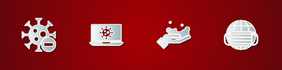 Set Negative virus, Virus statistics on laptop, Washing hands with soap and Earth medical mask icon. Vector