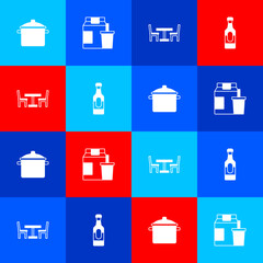 Set Cooking pot, Online ordering and delivery, Wooden table with chair and Wine bottle icon. Vector