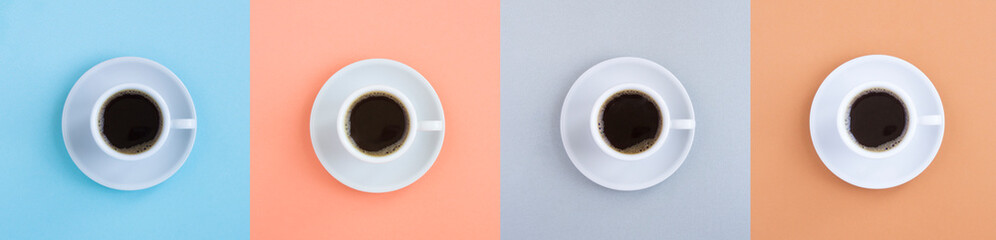 Cup of black coffee on the colored  background. Pattern. Flat lay. Top view.