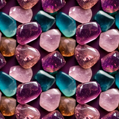 Seamless pattern colorful stones and sea glass texture background. Teal, blue, pink and purple quartz pebbles mix top view. Endless background. 3D illustration - 541747144