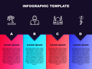Set line Tropical palm tree, Muslim man, Mosque and Arabian saber. Business infographic template. Vector