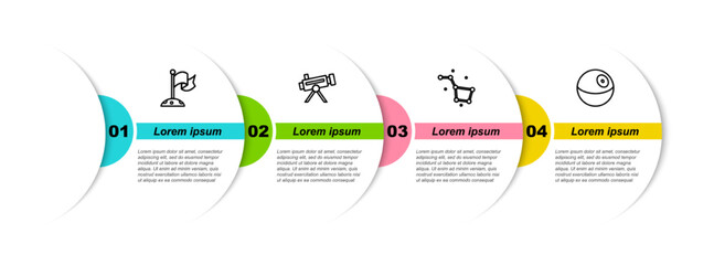 Set line Moon with flag, Telescope, Great Bear constellation and Planet. Business infographic template. Vector © vector_v