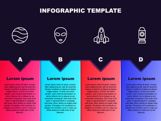 Set line Planet, Alien, Rocket ship and . Business infographic template. Vector