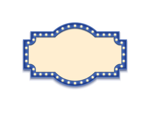 Antique shape marquee vintage 3d lightbox with glowing bulb. Blue color retro frame design vector illustration.
