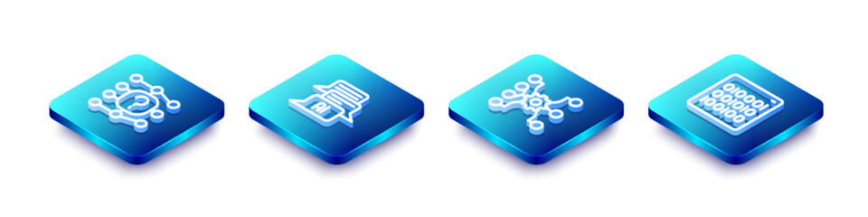 Set Isometric line Neural network, Chat bot, and Binary code icon. Vector