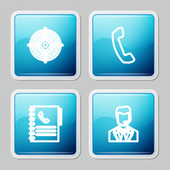 Set line Target sport, Telephone handset, Phone book and Man with headset icon. Vector