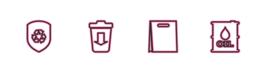Set line Recycle inside shield, Shopping bag, Send to the trash and Oil barrel icon. Vector