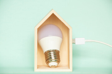 An LED light bulb lies in a small wooden house, and the charging cable comes from the house on an isolated background, saving electricity