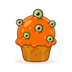 Halloween cupcake with green eyes on a white background