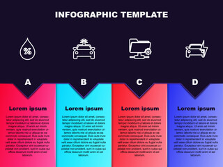 Set line Water drop percentage, Police car and flasher, FTP settings folder and Electric. Business infographic template. Vector