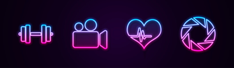 Set line Dumbbell, Movie or Video camera, Heart rate and Camera shutter. Glowing neon icon. Vector