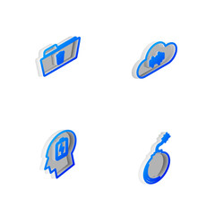 Set Isometric line Music streaming service, Delete folder, Head with low battery and Bomb ready to explode icon. Vector