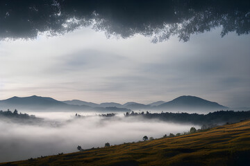 Mountains and valley blanketed in thick fog. 