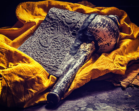 Dung-Dkar (trumpet made of conch shell) - religious music instrument in Tibetan Buddhism. Spituk Gompa (Tibetan Buddhist monastery). Ladakh, India