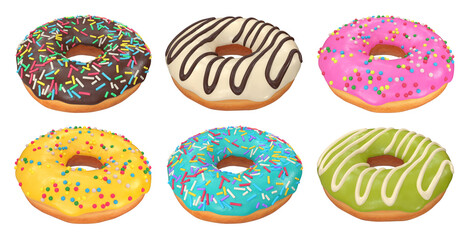 Collection of donuts with chocolate, pink, white, yellow, green glaze and multicolored sprinkles, 3d render