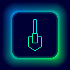 Glowing neon line Shovel icon isolated on black background. Gardening tool. Tool for horticulture, agriculture, farming. Colorful outline concept. Vector