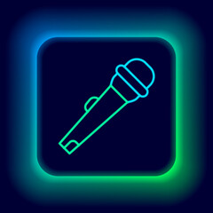 Glowing neon line Microphone icon isolated on black background. On air radio mic microphone. Speaker sign. Colorful outline concept. Vector