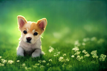 Digital Painting of a cute Puppy on a meadow