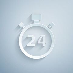Paper cut Stopwatch 24 hours icon isolated on grey background. All day cyclic icon. 24 hours service symbol. Paper art style. Vector