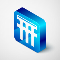 Isometric Aqueduct of Segovia, Spain icon isolated on grey background. Roman Aqueduct building. National symbol of Spain. Blue square button. Vector