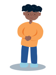modest shy kind black boy on a white background