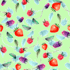Vintage seamless watercolor pattern. Berry set - raspberries, blackberries, Strawberry, wild strawberries, green leaves, branches. Graphic background, trendy line design. Botanical illustration