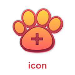 Gold Veterinary clinic symbol icon isolated on white background. Cross hospital sign. A stylized paw print dog or cat. Pet First Aid sign. Vector