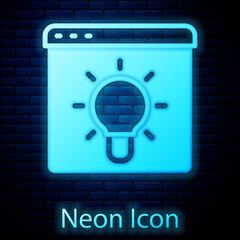 Glowing neon Browser window icon isolated on brick wall background. Vector